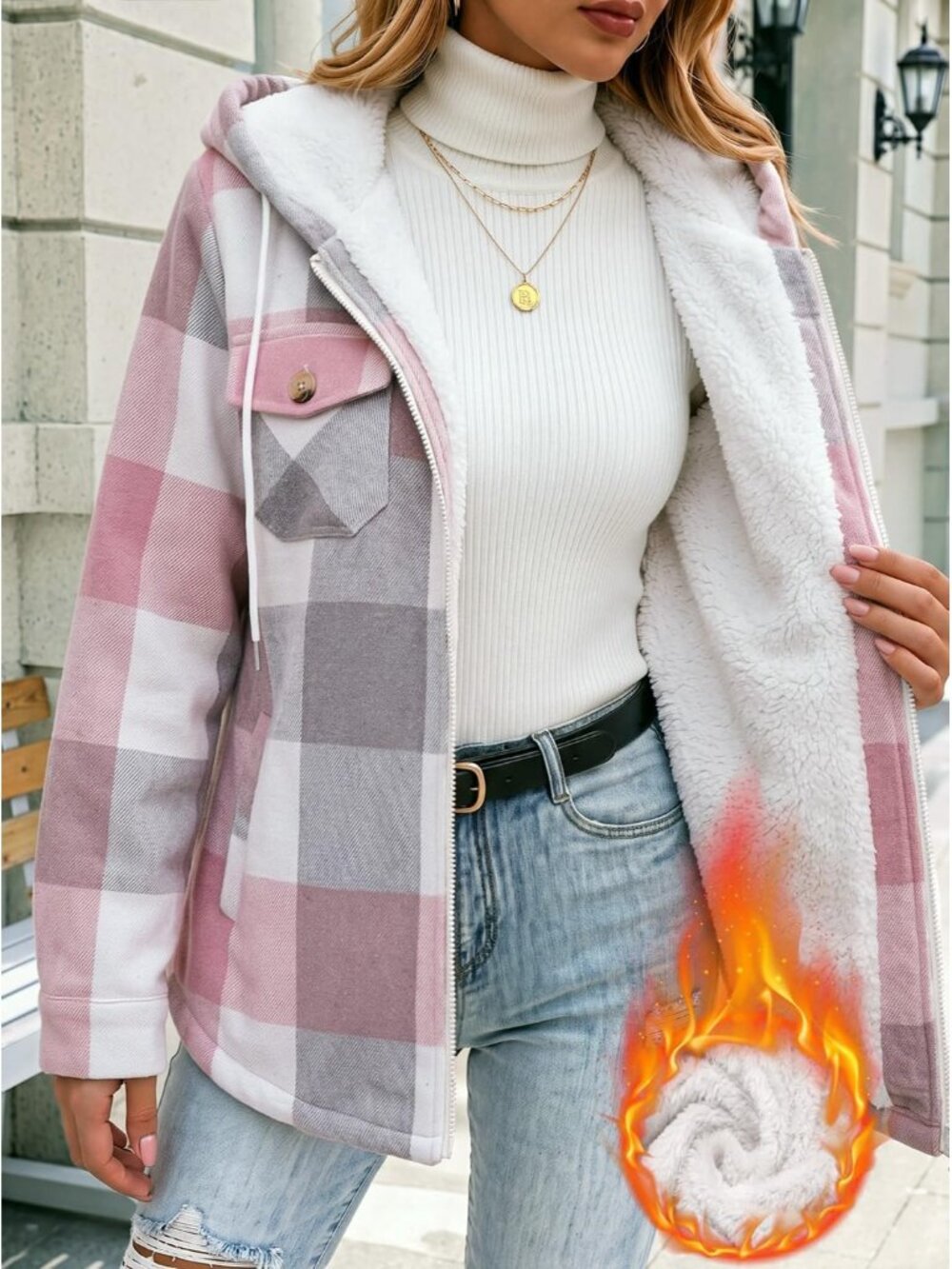 Women's Pink Casual Flannel Jacket Plaid Fleece Lined Shacket Hooded Winter Coat - Picture 2 of 6